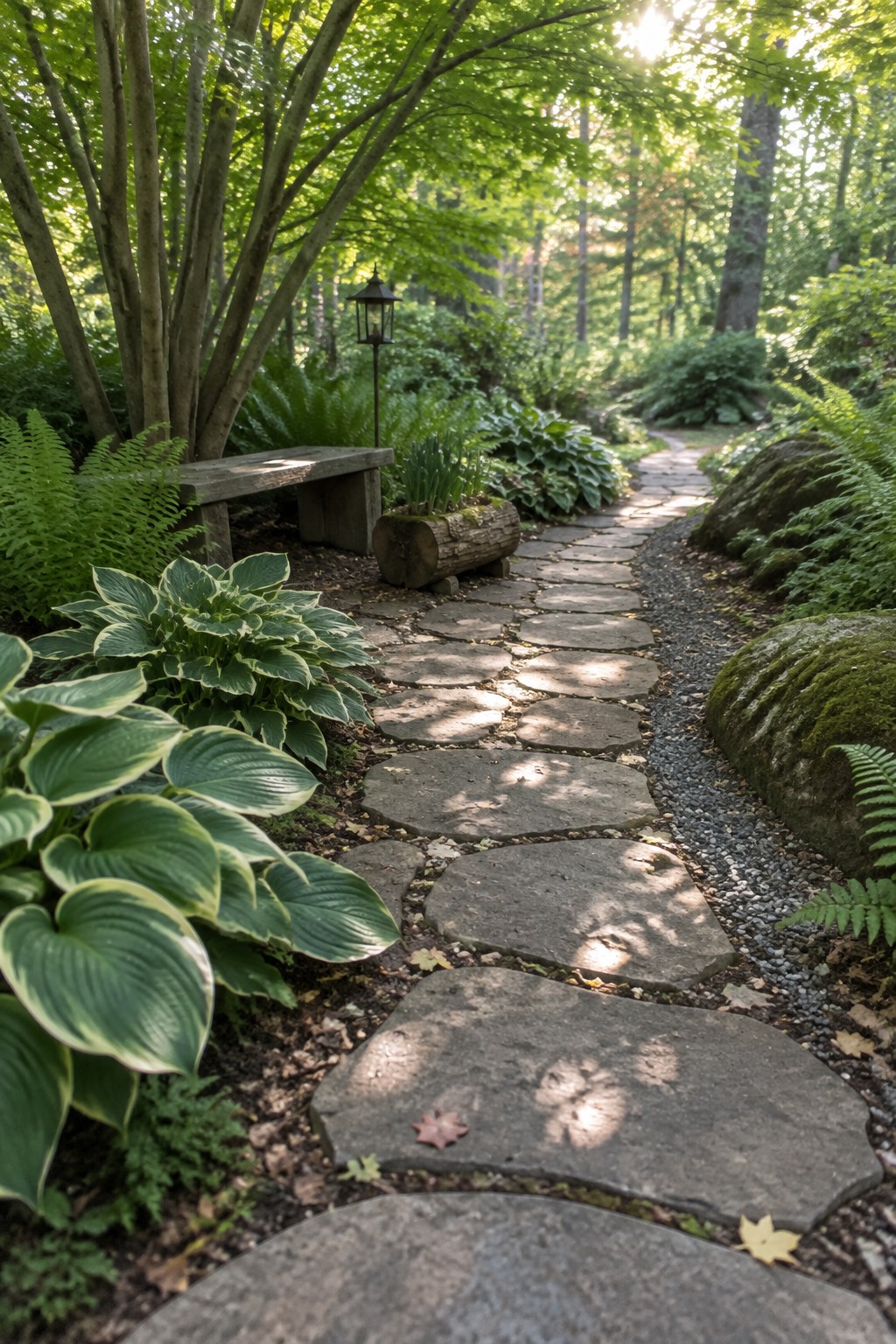 Irregular stone slabs form a path through a shaded garden planted with hostas and ferns.