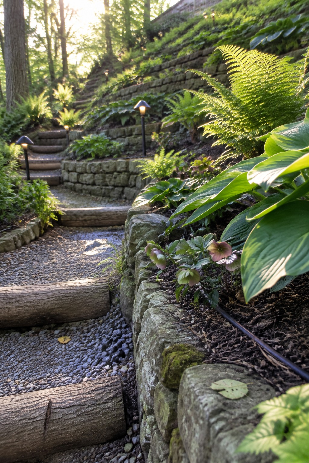A gravel garden path climbs between timber risers and stone retaining walls, with ferns, hostas, and small path lights along the way.