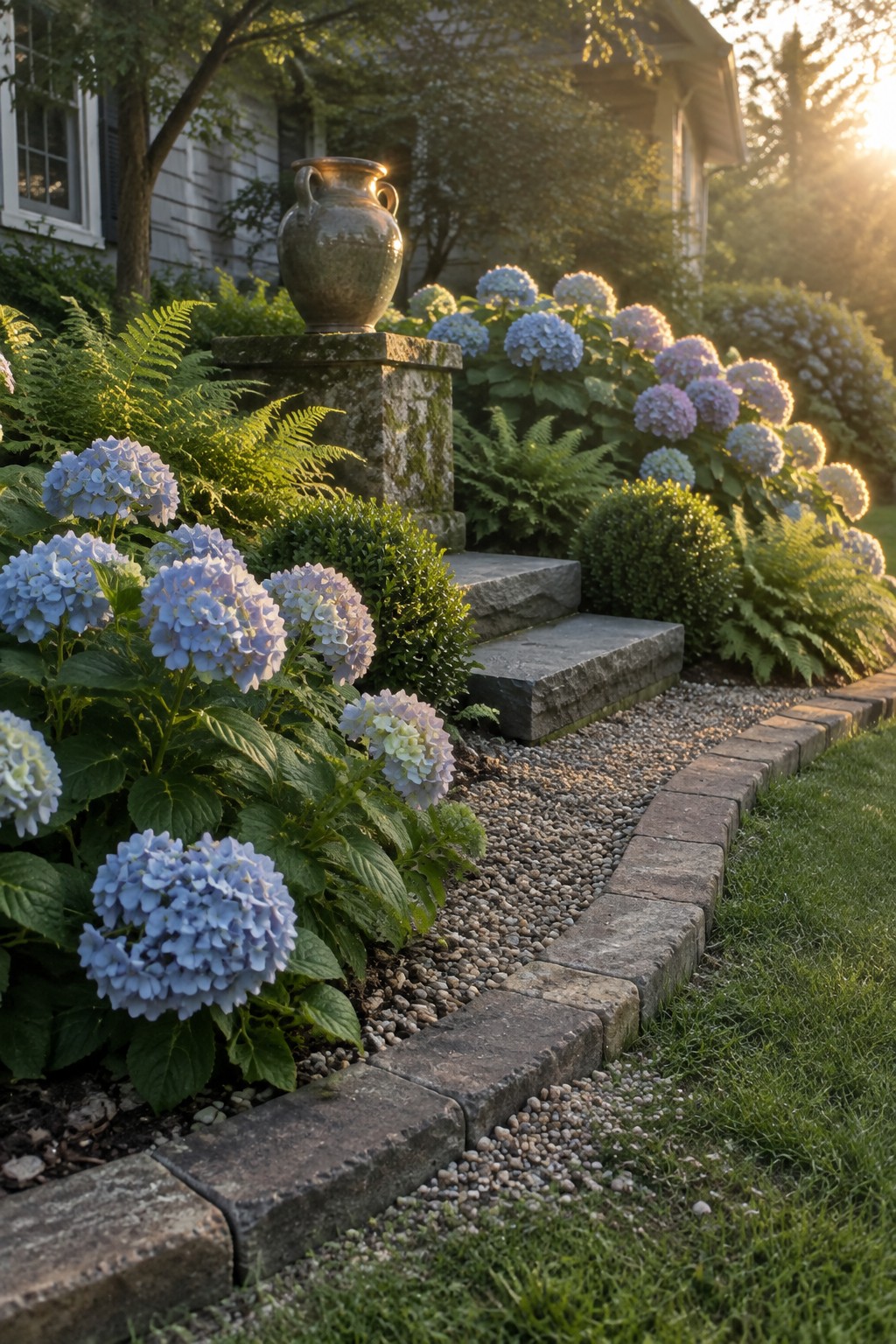A curved gravel path edged with stone blocks runs beside hydrangeas and ferns, with stone steps leading to a pottery urn.