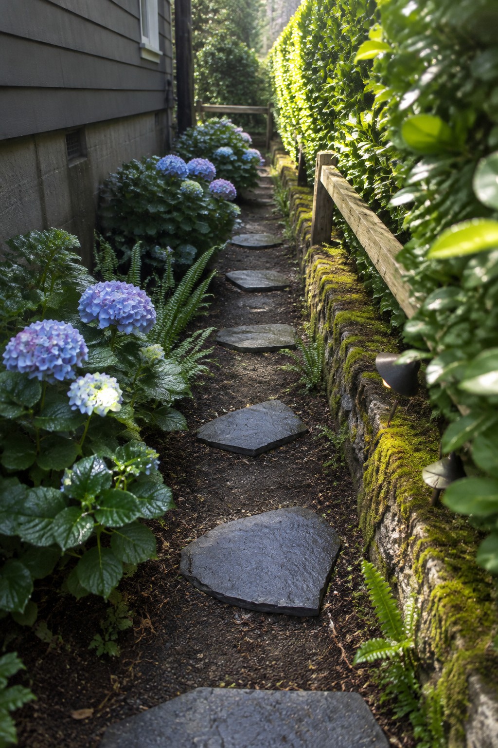 Irregular stone slabs form a narrow path between hydrangeas and ferns beside a house.