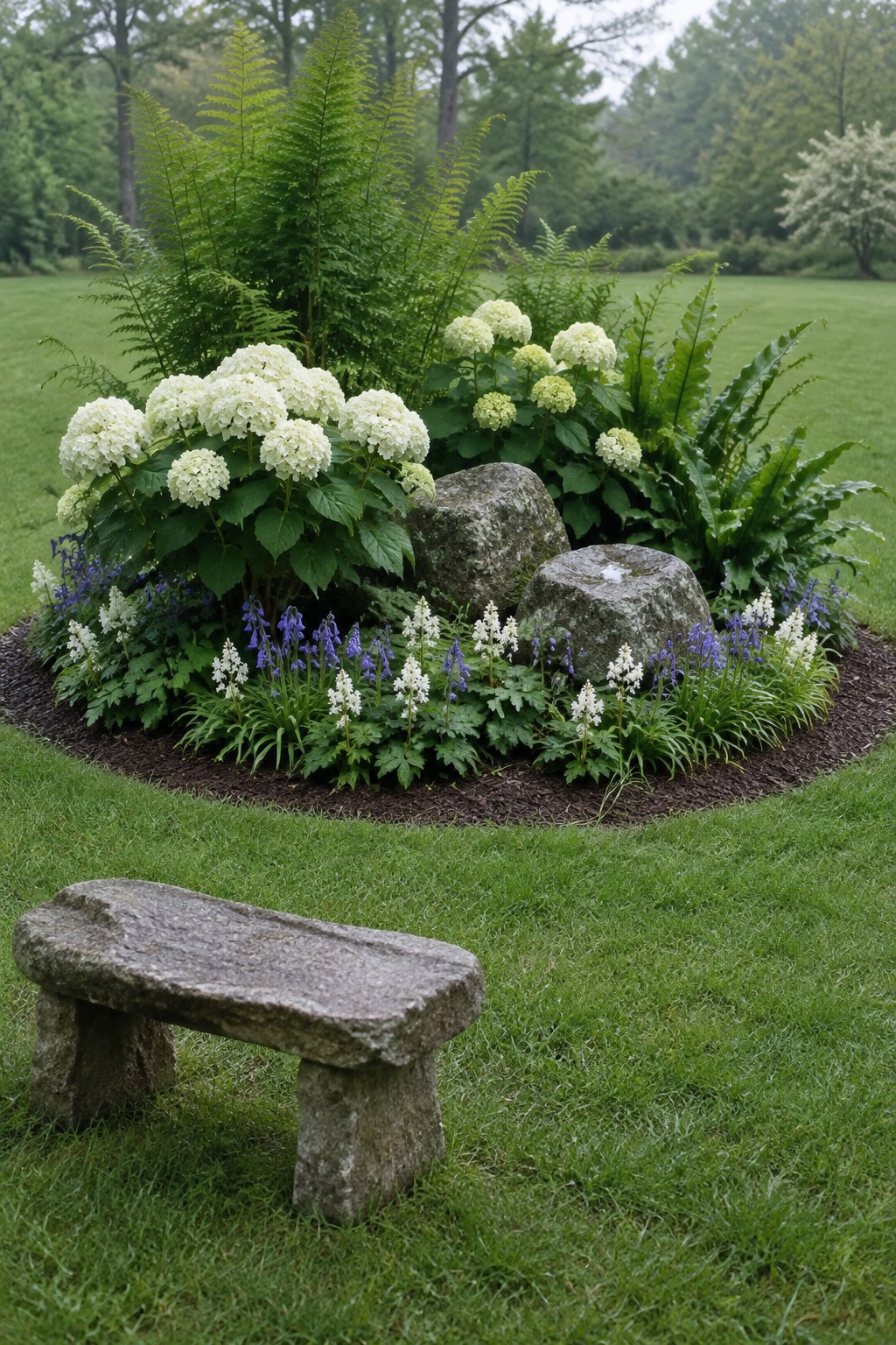 A stone bench faces a curved garden bed planted with white hydrangeas, ferns, and small purple and white flowers.