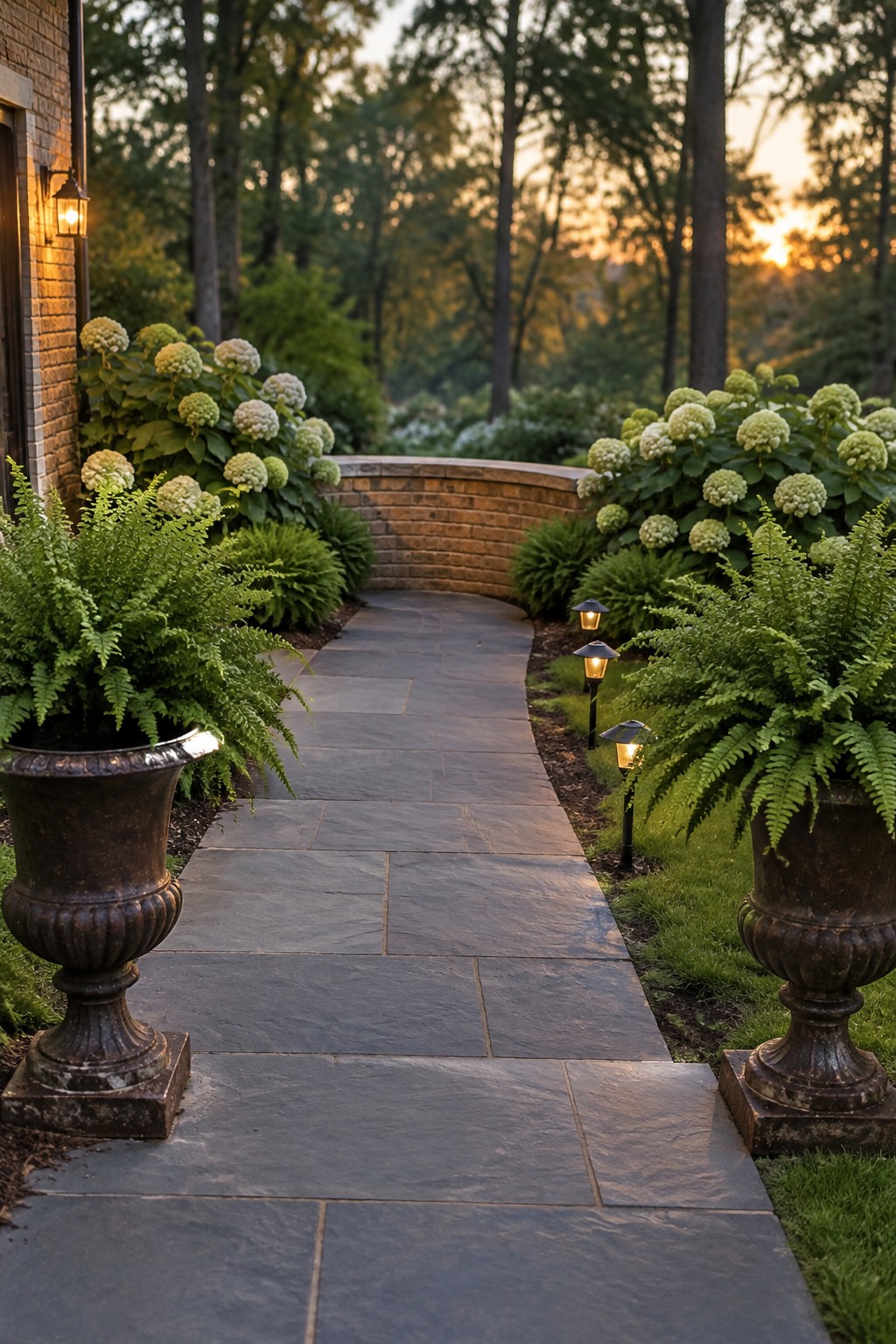 A stone walkway runs between hydrangeas and ferns, with brick urns and small path lights.