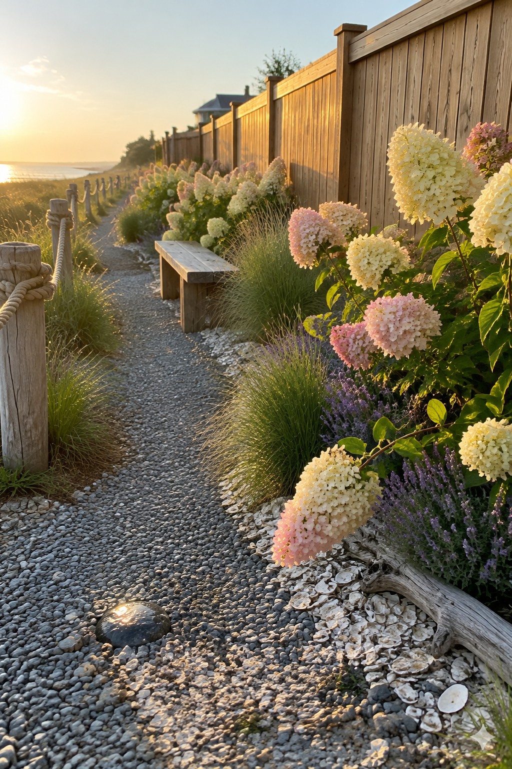 A pebble path runs beside a wooden fence lined with hydrangeas and grasses.