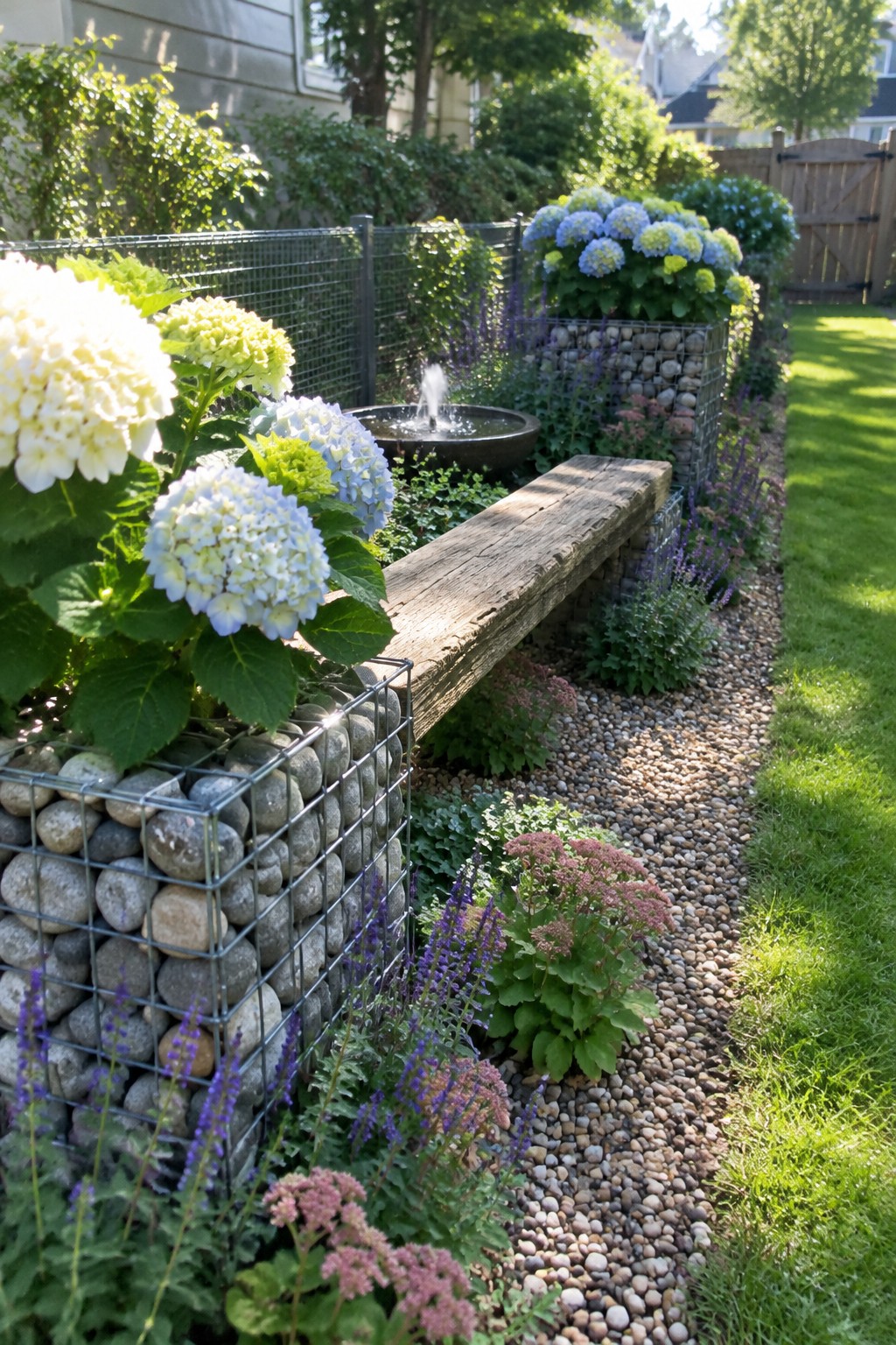 A wooden bench spans stone-filled wire garden beds beside hydrangeas, a pebble path, purple flowers, and a small fountain.