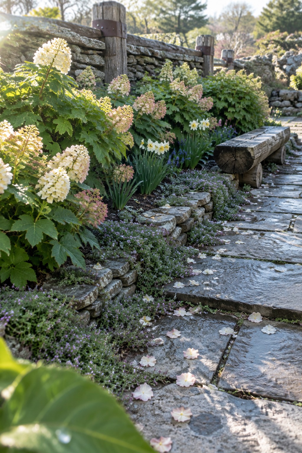 Hydrangeas and other flowers grow beside a flagstone path with a low stone border and wooden fence.