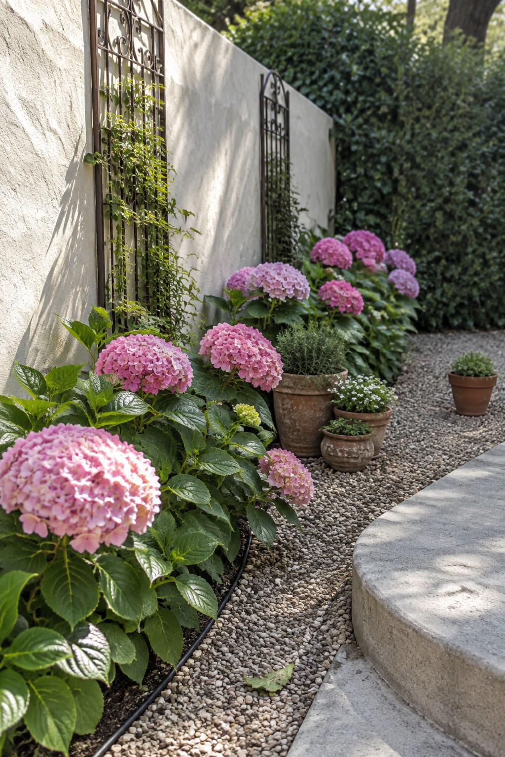 Pink hydrangeas grow along a pale garden wall with metal trellises, beside a gravel path and potted plants.