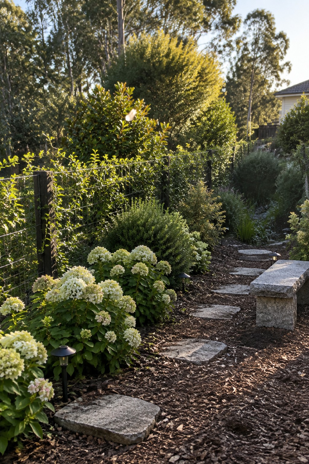 White hydrangeas grow beside a wire fence and a mulched garden path with irregular stone steps.