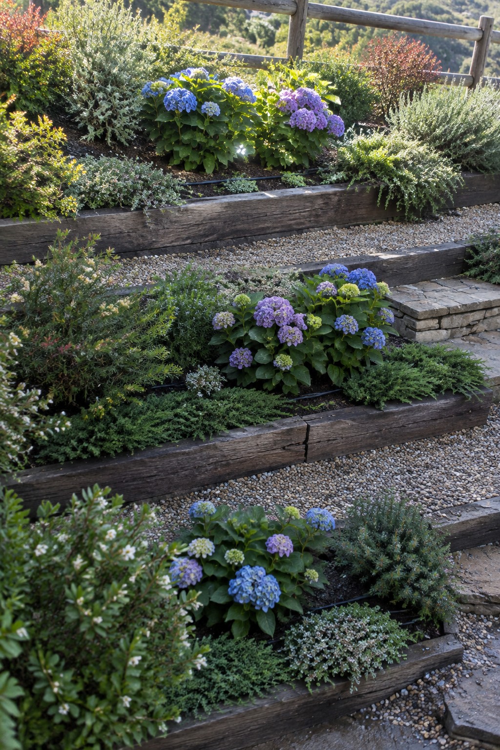 Blue and purple hydrangeas grow in tiered timber beds beside gravel paths and a wooden fence.