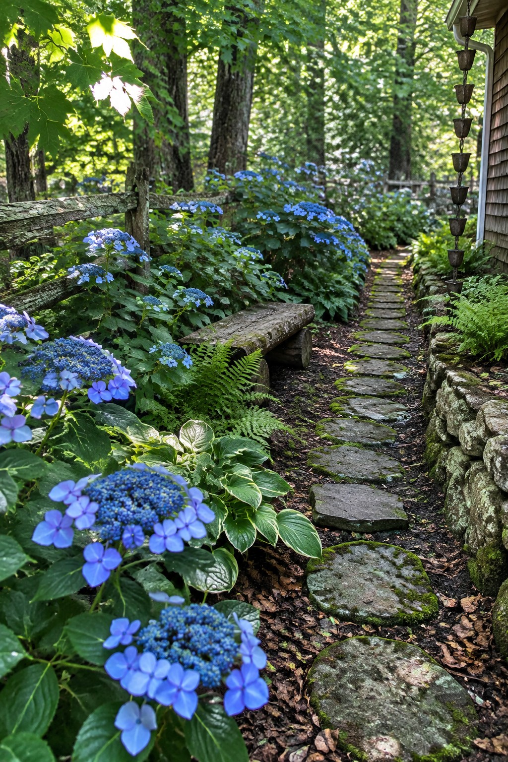 Blue hydrangeas grow beside a stone stepping path, with a weathered wooden fence along the garden edge.