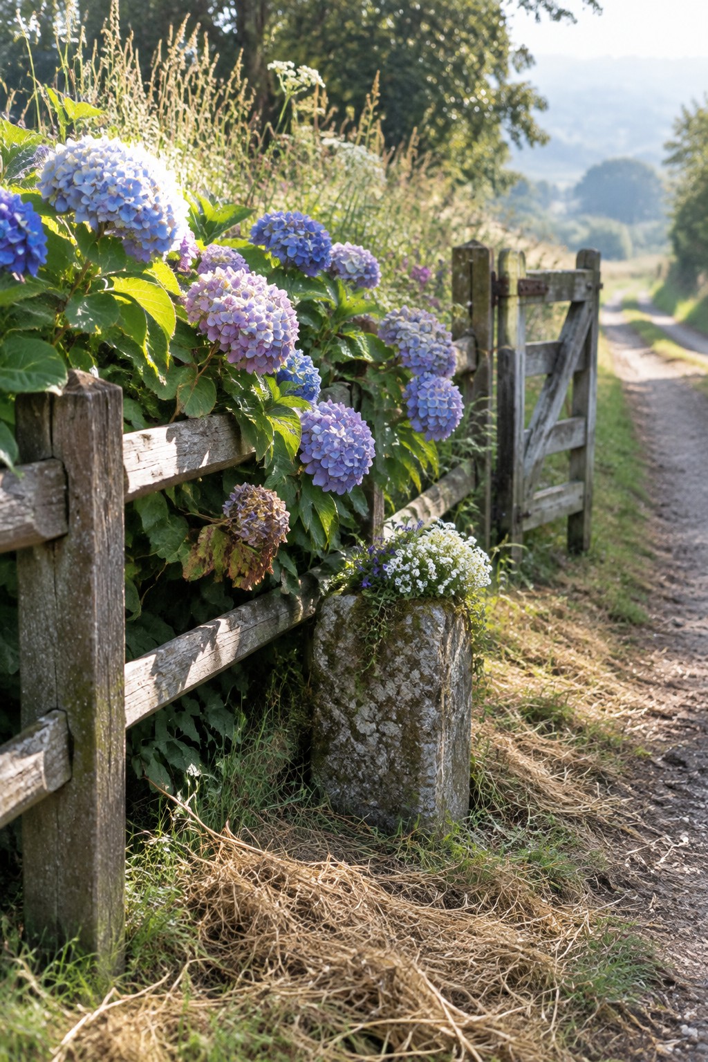 Blue and pink hydrangeas grow beside a weathered wooden fence and gate along a gravel path.
