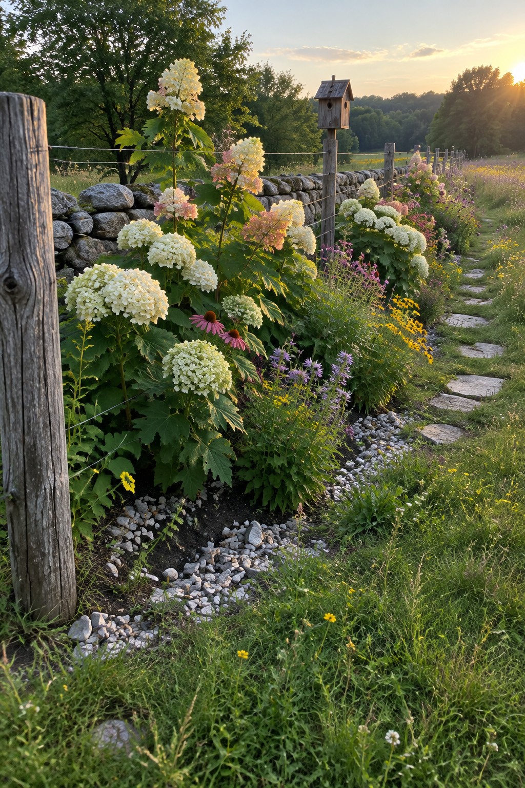 White and pink hydrangeas and smaller flowers grow along a wire fence beside a stone path and low stone wall.
