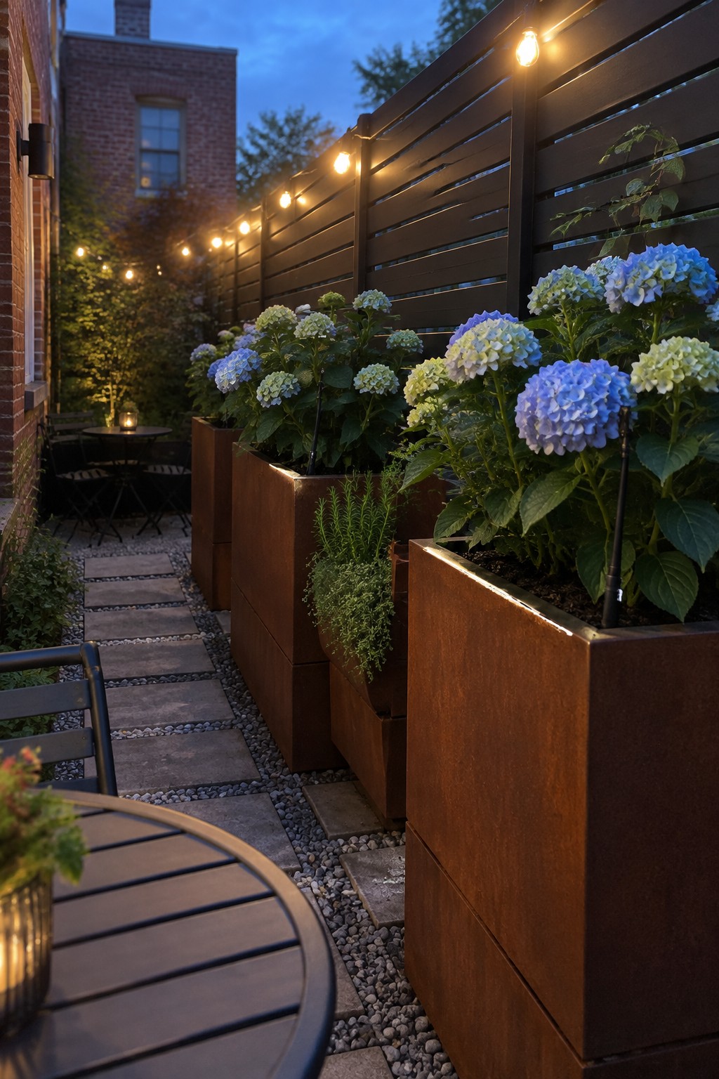 Blue and white hydrangeas grow in rust-colored raised planters along a dark slatted fence beside a stepping-stone path.