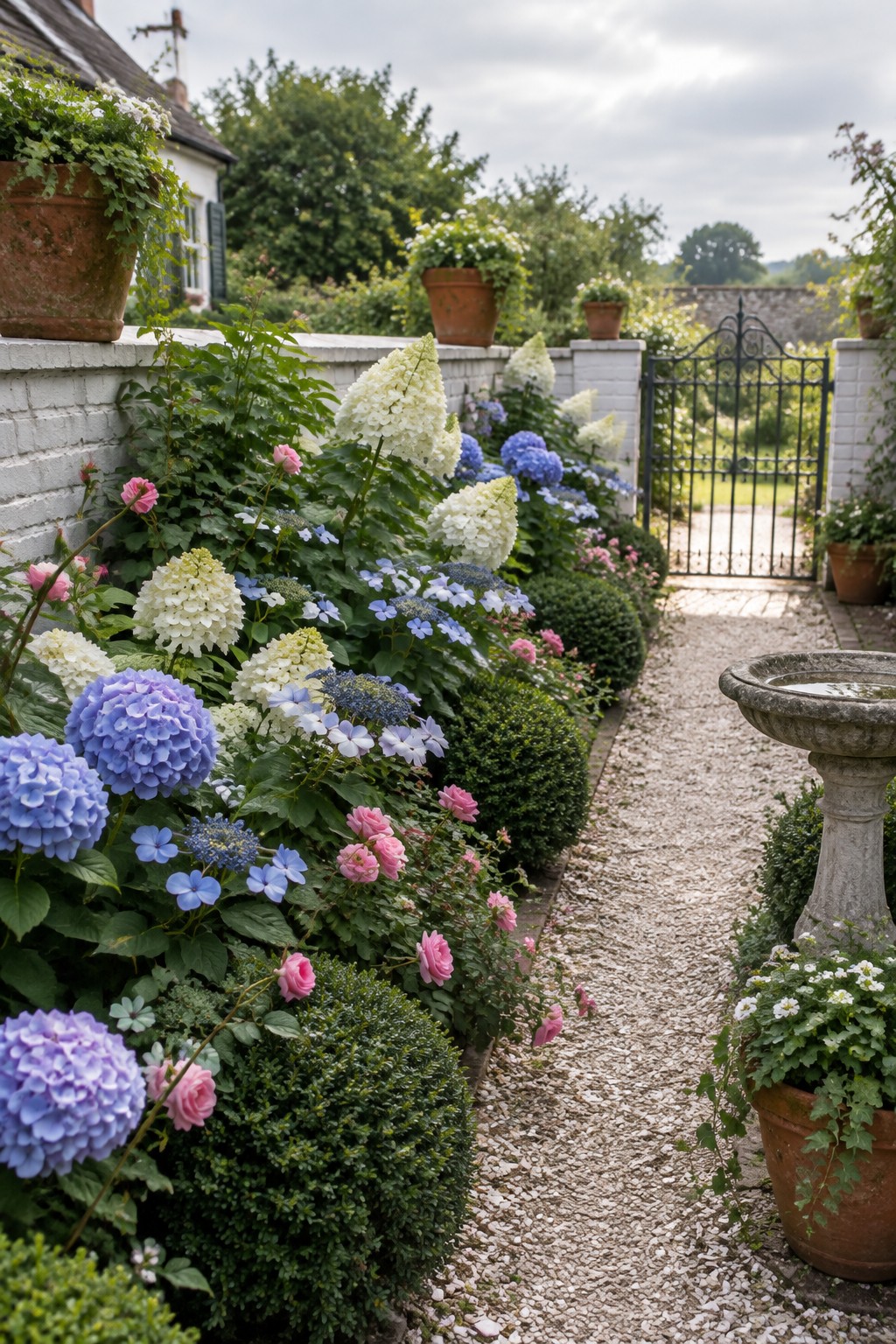 A pale gravel path runs beside hydrangeas and other flowers toward a black metal gate.
