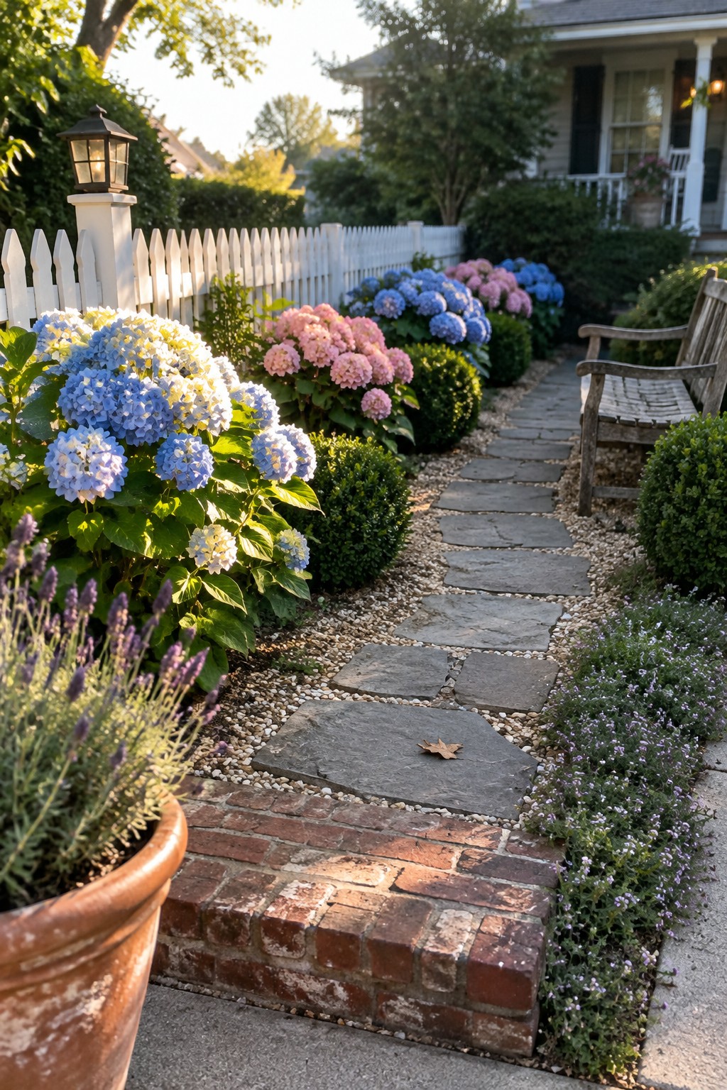 Blue and pink hydrangeas border a stepping-stone path beside a white picket fence.