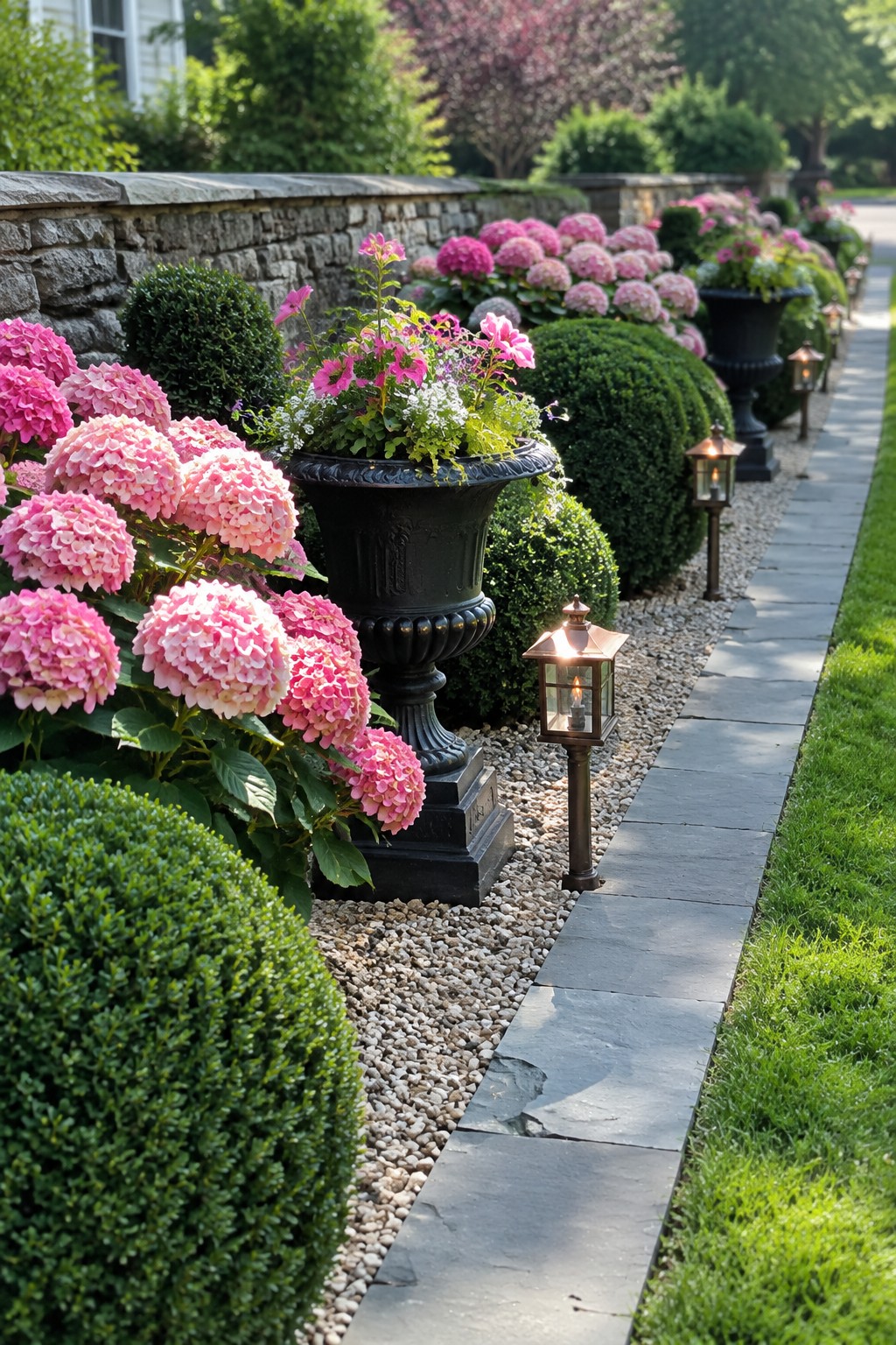 Pink hydrangeas and clipped shrubs line a stone wall beside a slate path, with a black urn planter and small garden lanterns in the gravel bed.