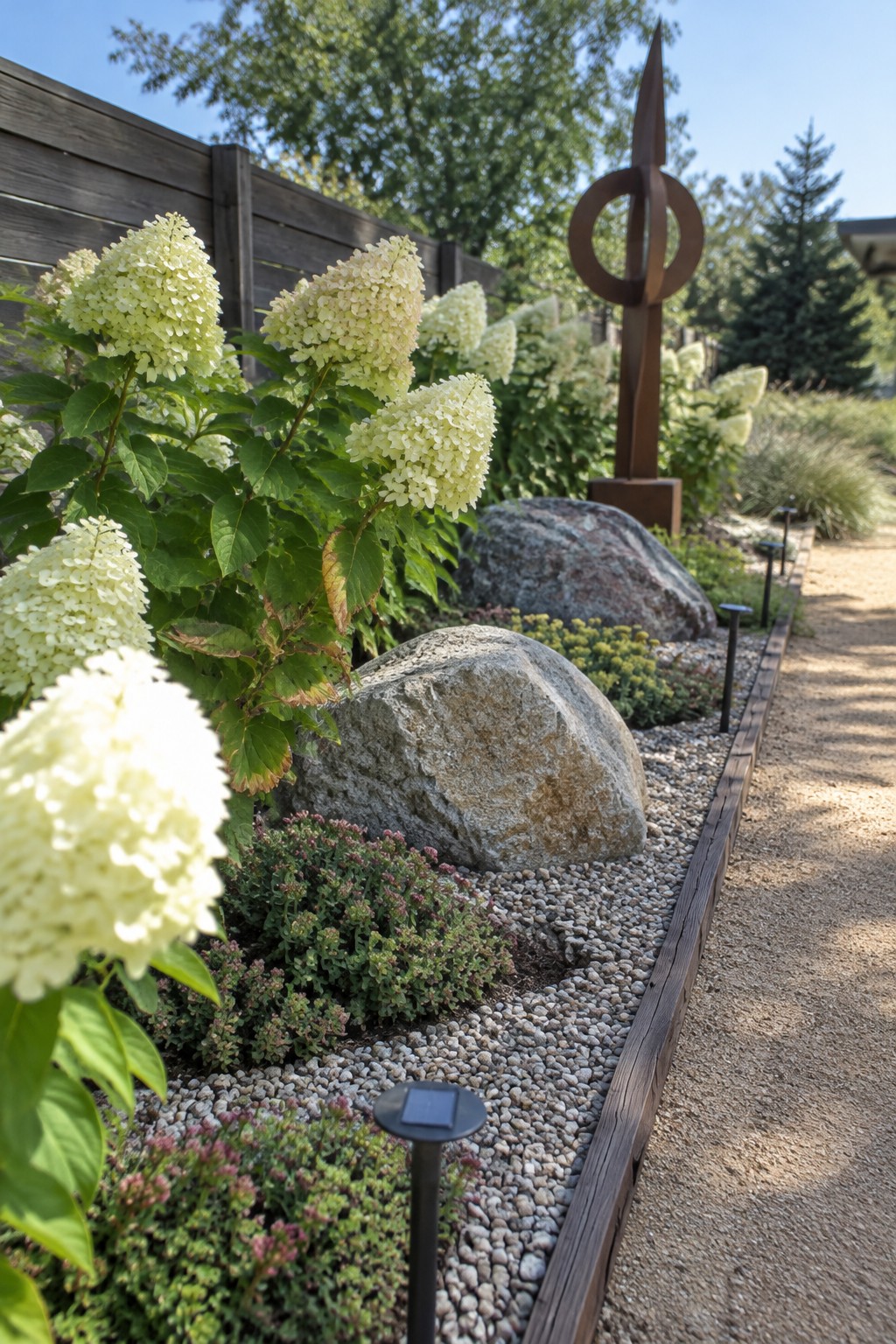 White hydrangeas grow beside a wooden fence in a gravel bed edged with timber, with large rocks and a garden path nearby.