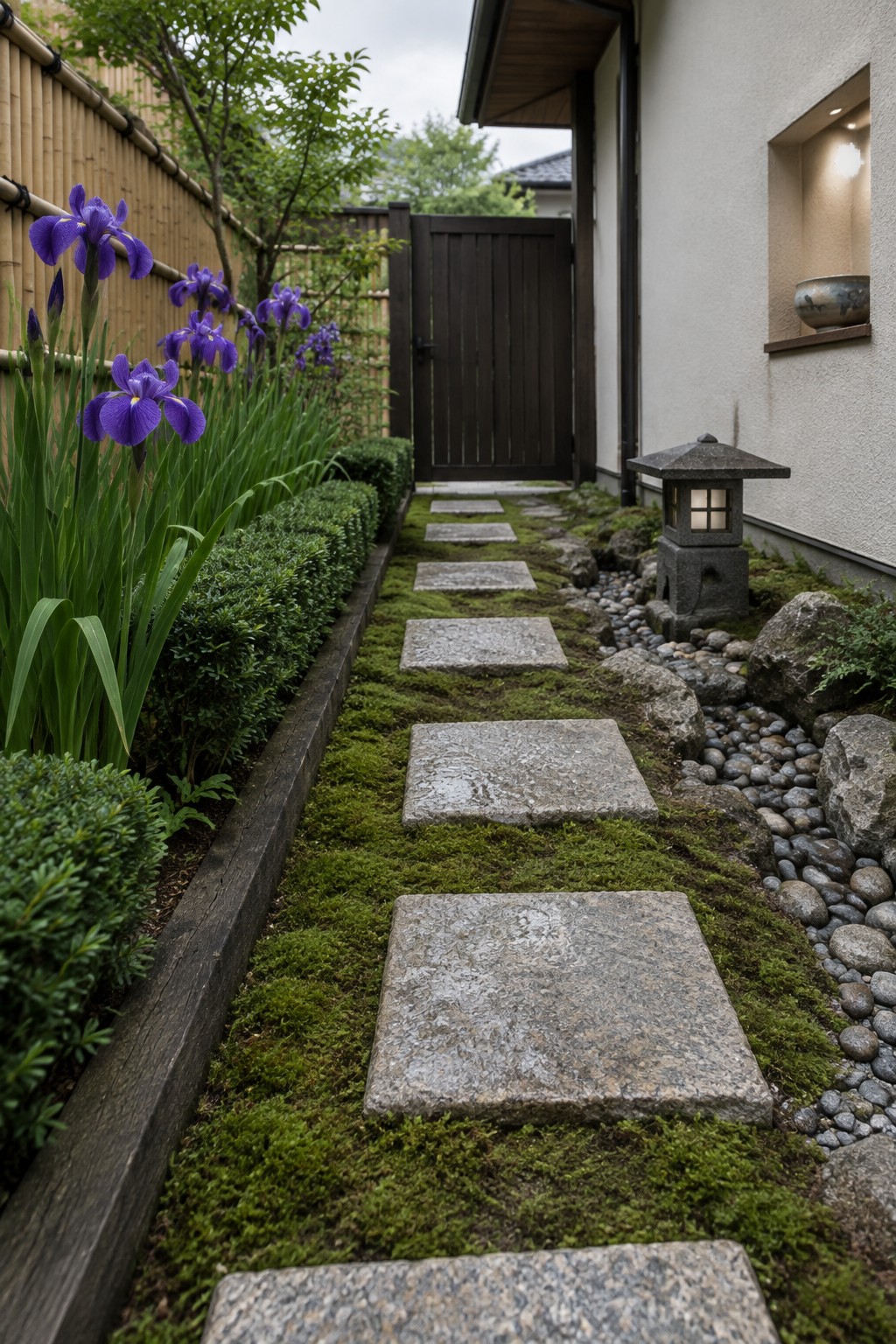 Purple irises grow beside a moss-covered path of rectangular stepping stones, with a bamboo fence on one side and a house wall on the other.