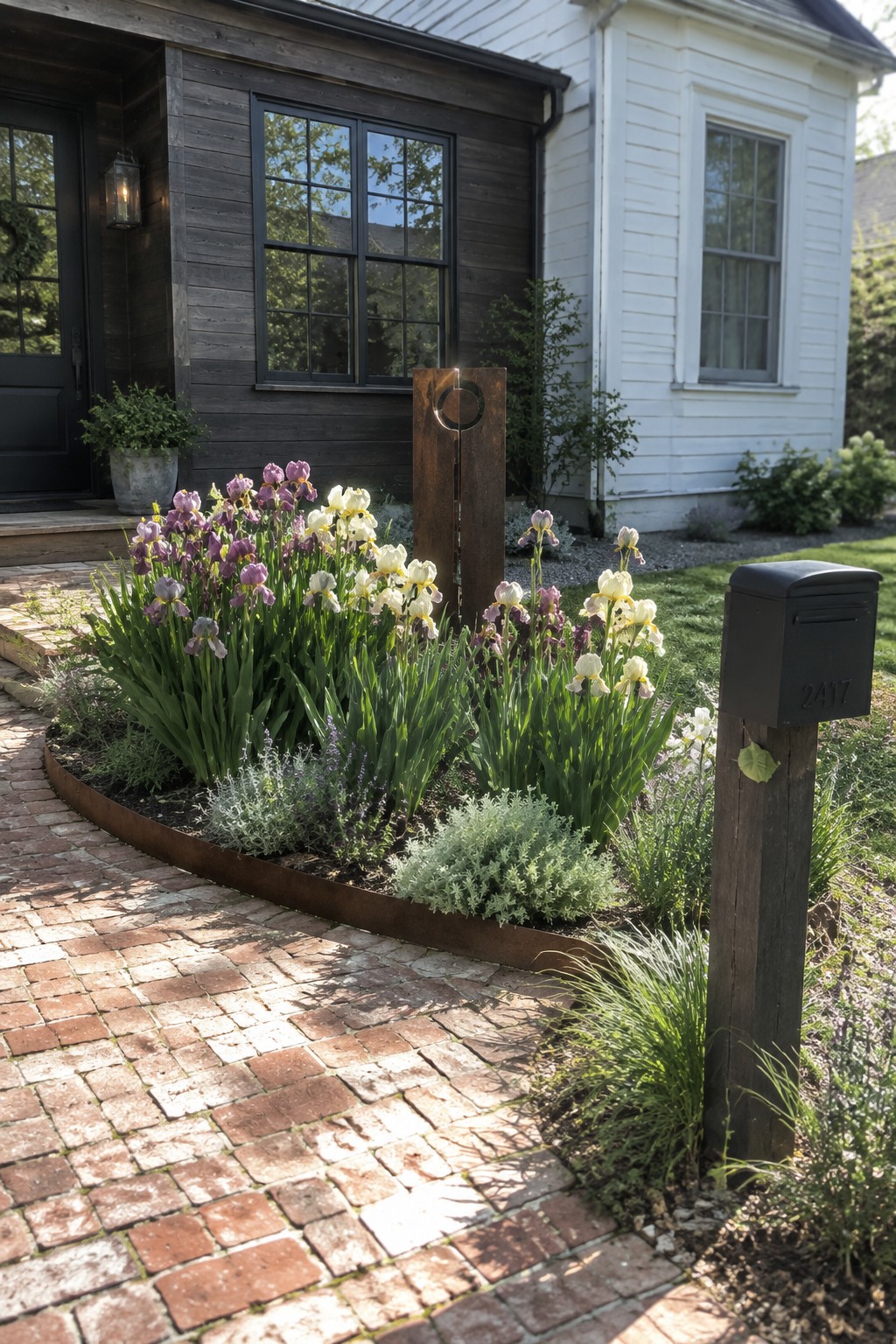 Purple and pale yellow irises grow in a curved metal-edged bed beside a brick walkway leading to a house.