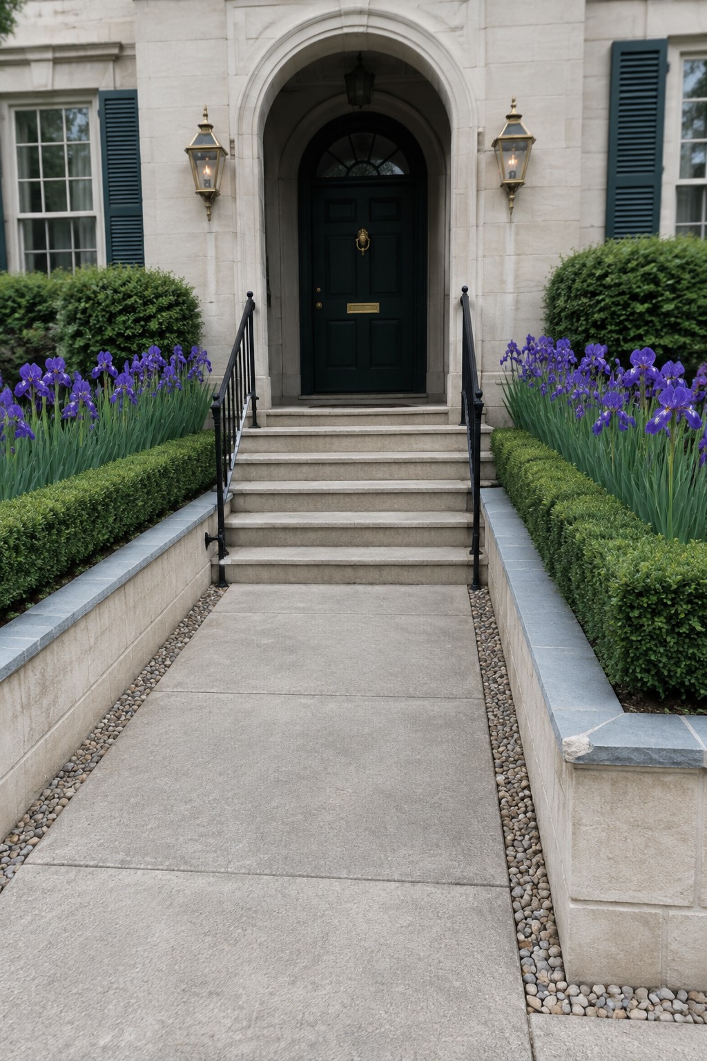 A straight concrete walkway leads to a front door, with purple irises planted along both sides.
