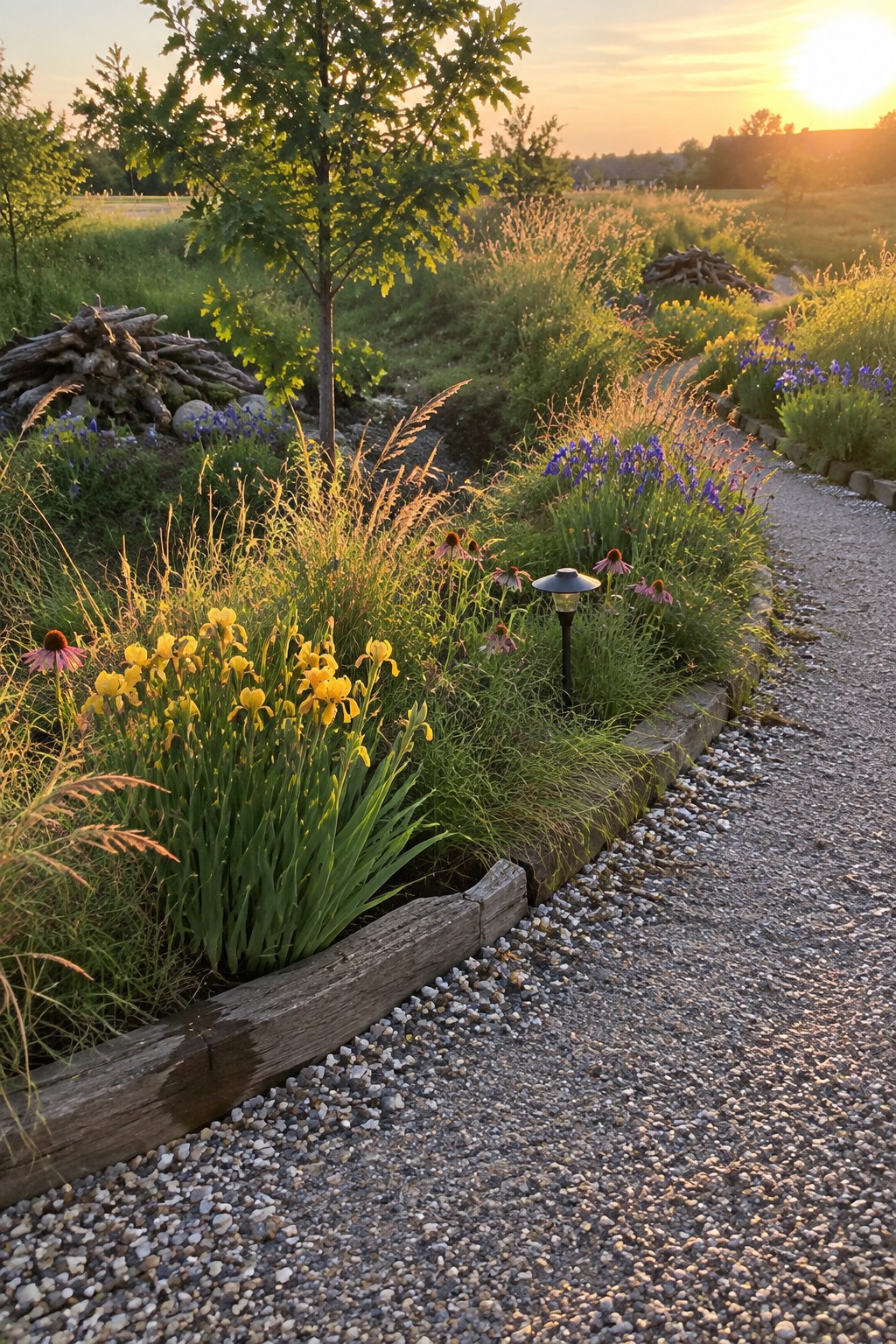A gravel path curves beside a raised garden bed with yellow irises, purple flowers, grasses, and a young tree.