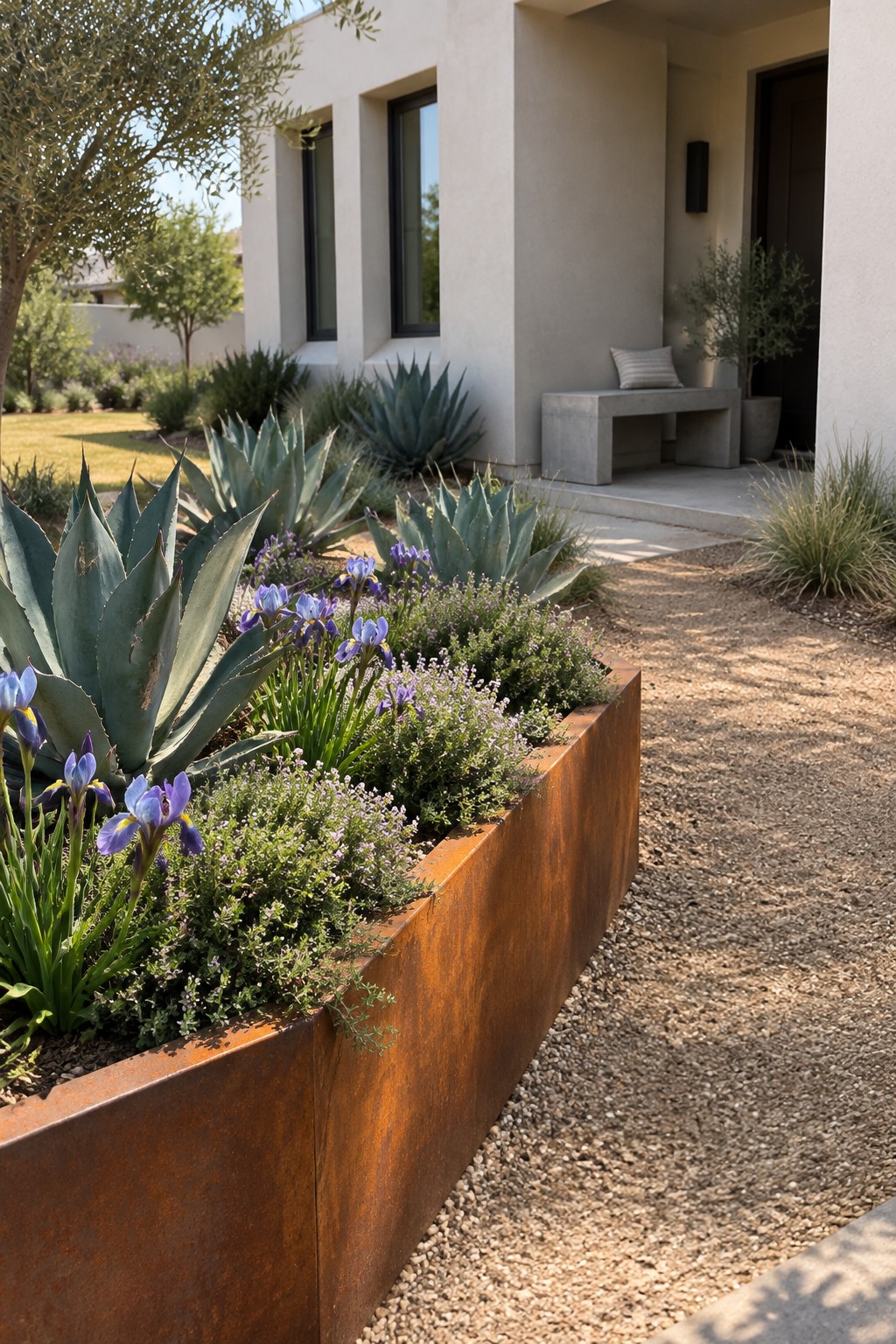 A rust-colored metal raised bed filled with irises, succulents, and low flowering plants beside a gravel path and modern house entrance.