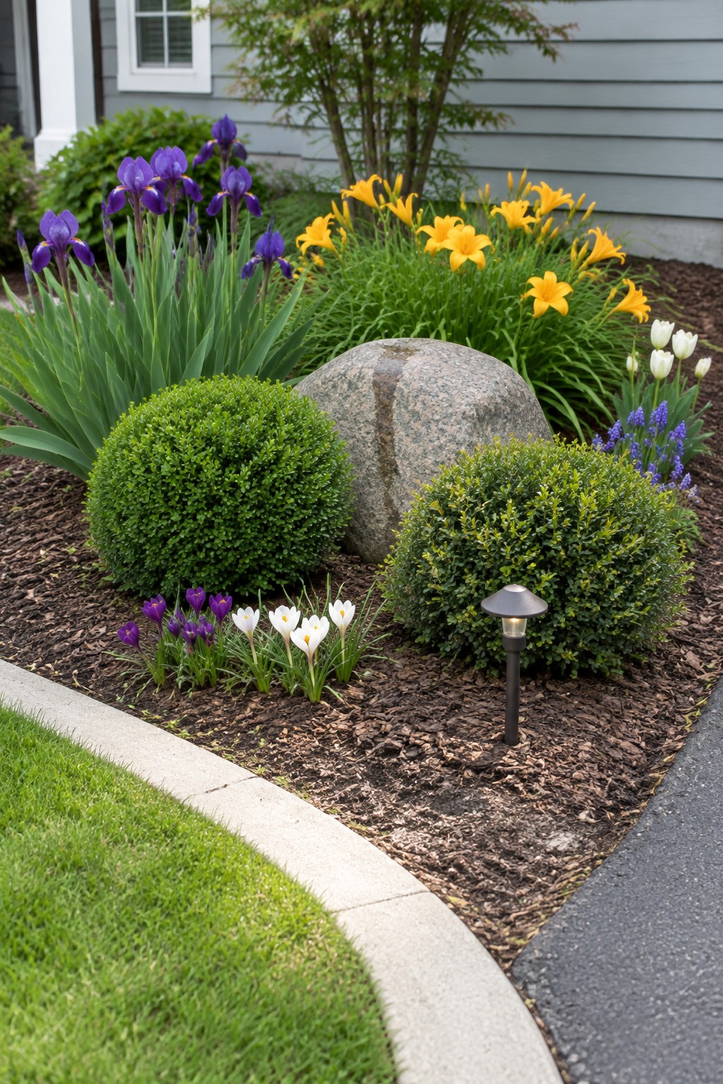 A rounded garden bed with purple irises, yellow daylilies, clipped shrubs, and a large stone between a house and a driveway.