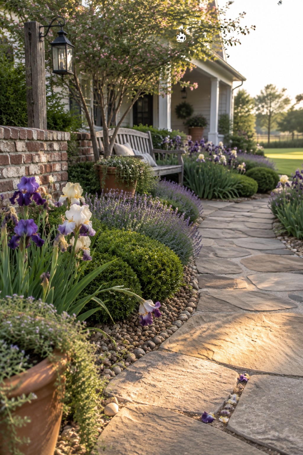 A stone walkway curves past purple and white irises, lavender, clipped shrubs, and a brick garden wall near a house.
