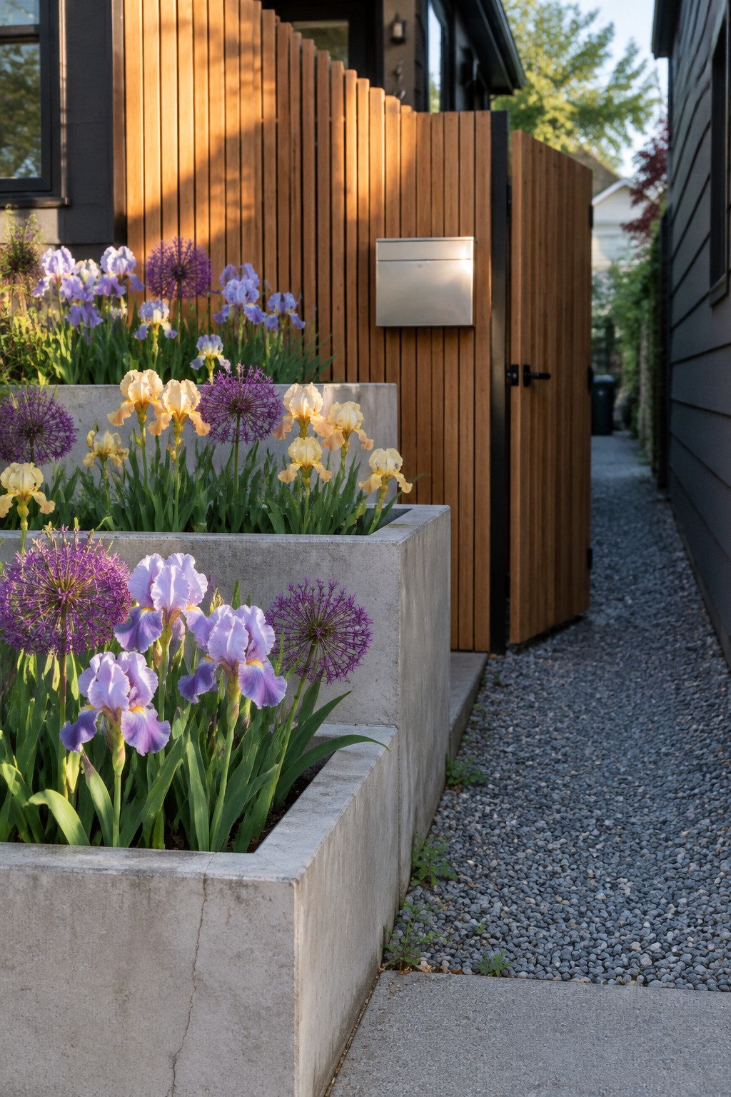 Purple and yellow irises and purple alliums grow in two raised concrete planters beside a wooden front fence and gravel path.