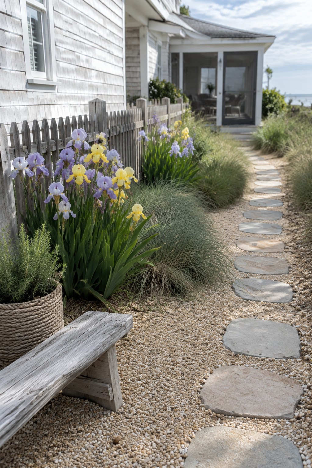 Purple and yellow irises grow beside a gravel path with round stepping stones near a white coastal house.