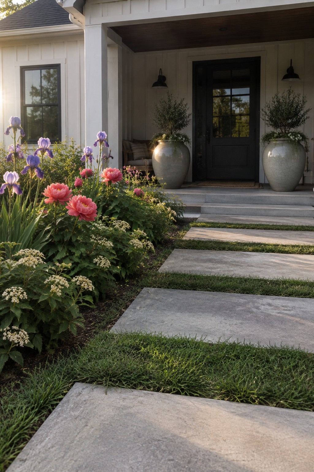 Purple irises and pink flowers grow beside rectangular stepping stones leading to a covered front entry.