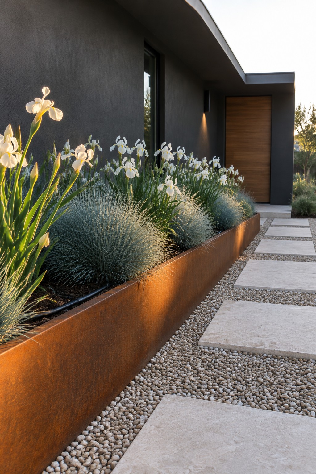 White irises and blue-gray ornamental grasses grow in a rust-colored raised bed beside a gravel path leading to a modern front door.