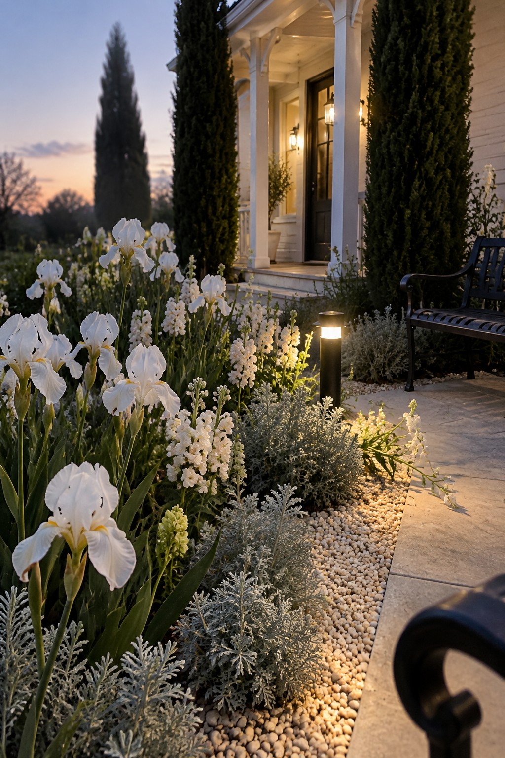 White irises and pale flowering plants line a stone walkway leading to a columned house entrance.
