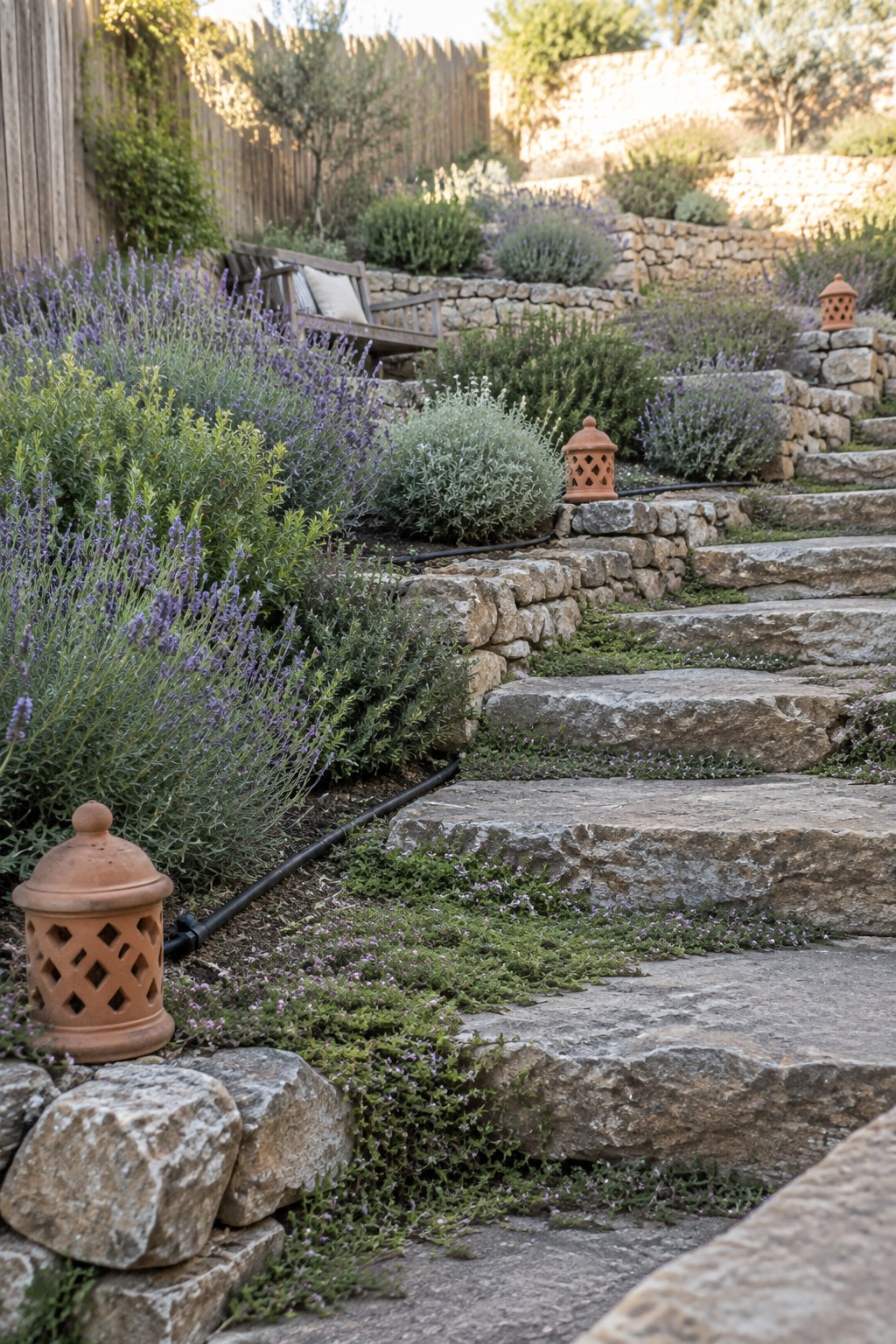 Stone steps climb through terraced garden beds filled with lavender and other plants, with terracotta lanterns and a wooden bench nearby.