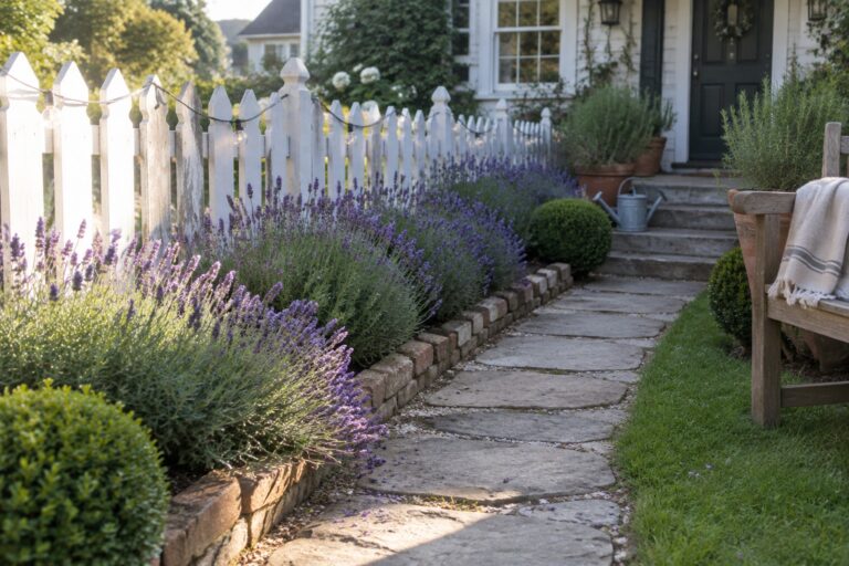Lavender grows beside a stone path and white picket fence, with string lights hanging along the fence.