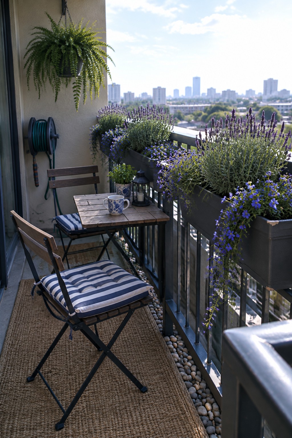 A balcony has lavender and blue flowers growing in dark railing planters beside a small table and folding chairs.