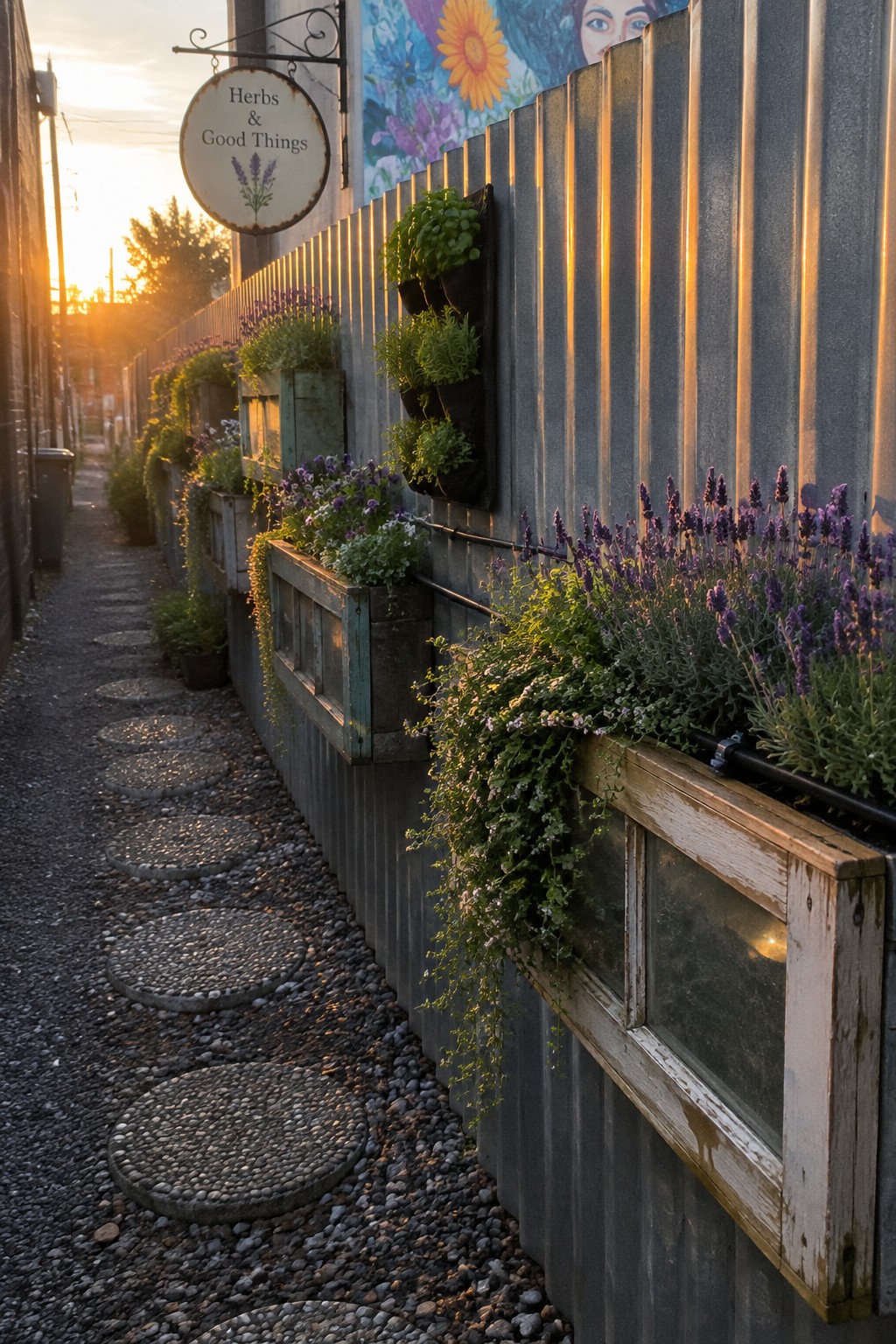 Lavender and other plants grow in wooden and wall-mounted planters along a corrugated metal fence beside a narrow gravel path.