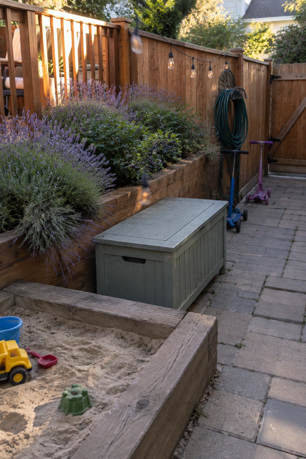 Purple lavender and leafy green plants fill a raised wooden garden bed beside a fence.