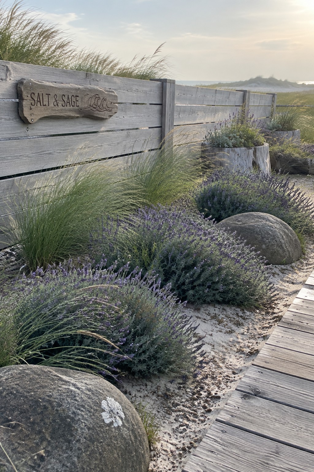 Purple lavender and ornamental grasses grow beside a weathered wooden fence in a gravel garden with large rocks and a wooden walkway.