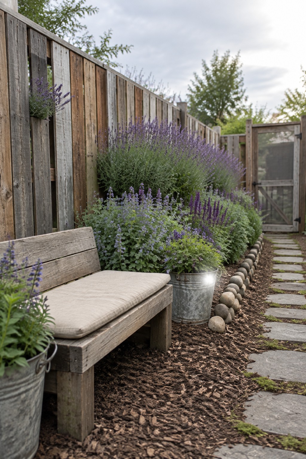 Lavender and other purple flowers grow in a narrow bed along a wooden fence beside a stone path and wooden bench.