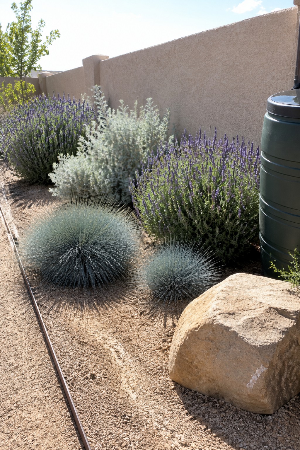 Lavender and silver-leaved plants grow in a gravel bed along a stucco fence, with round ornamental grasses in the foreground.