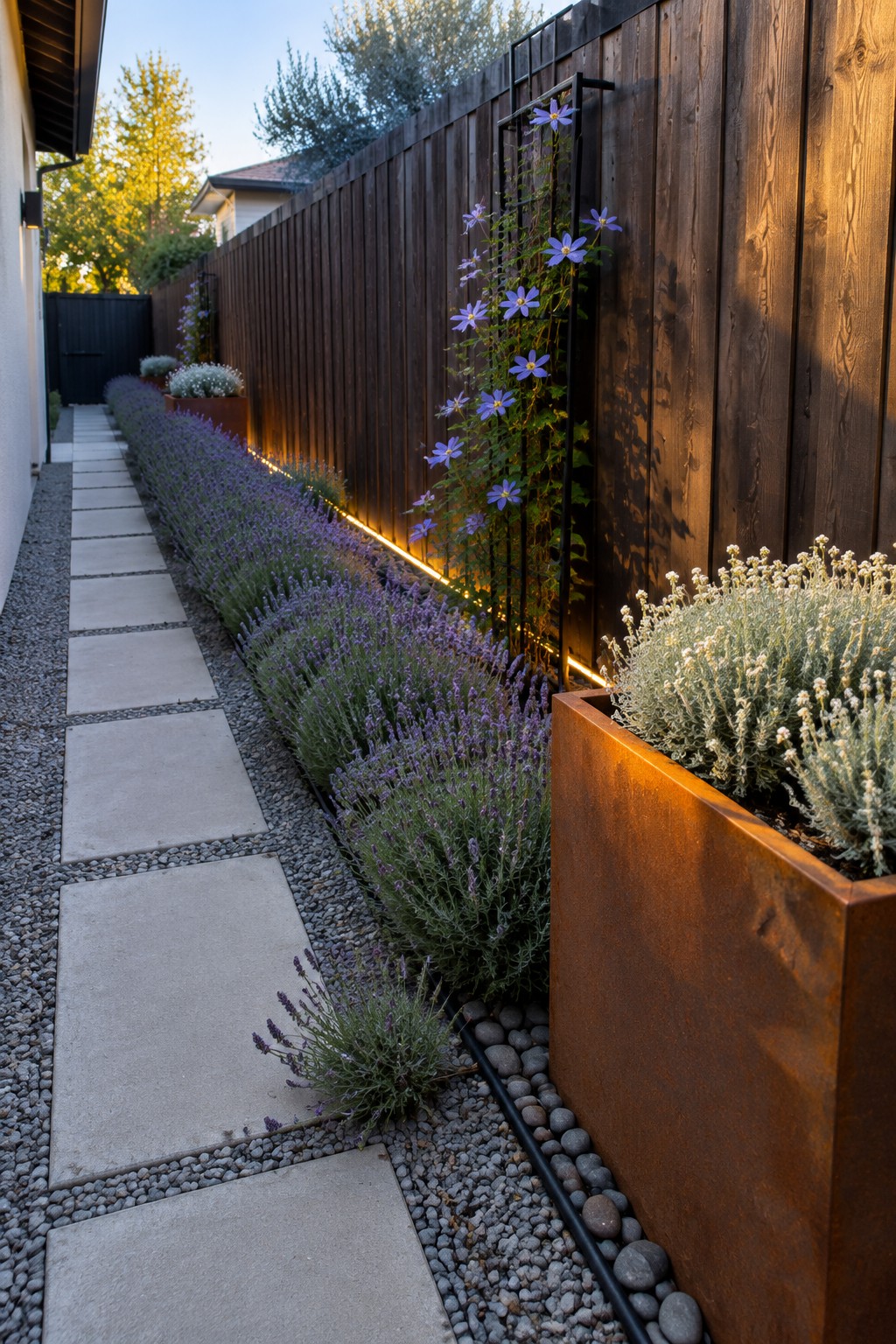 A narrow garden path runs beside a wooden fence with lavender, purple climbing flowers on a trellis, and a rust-colored planter.
