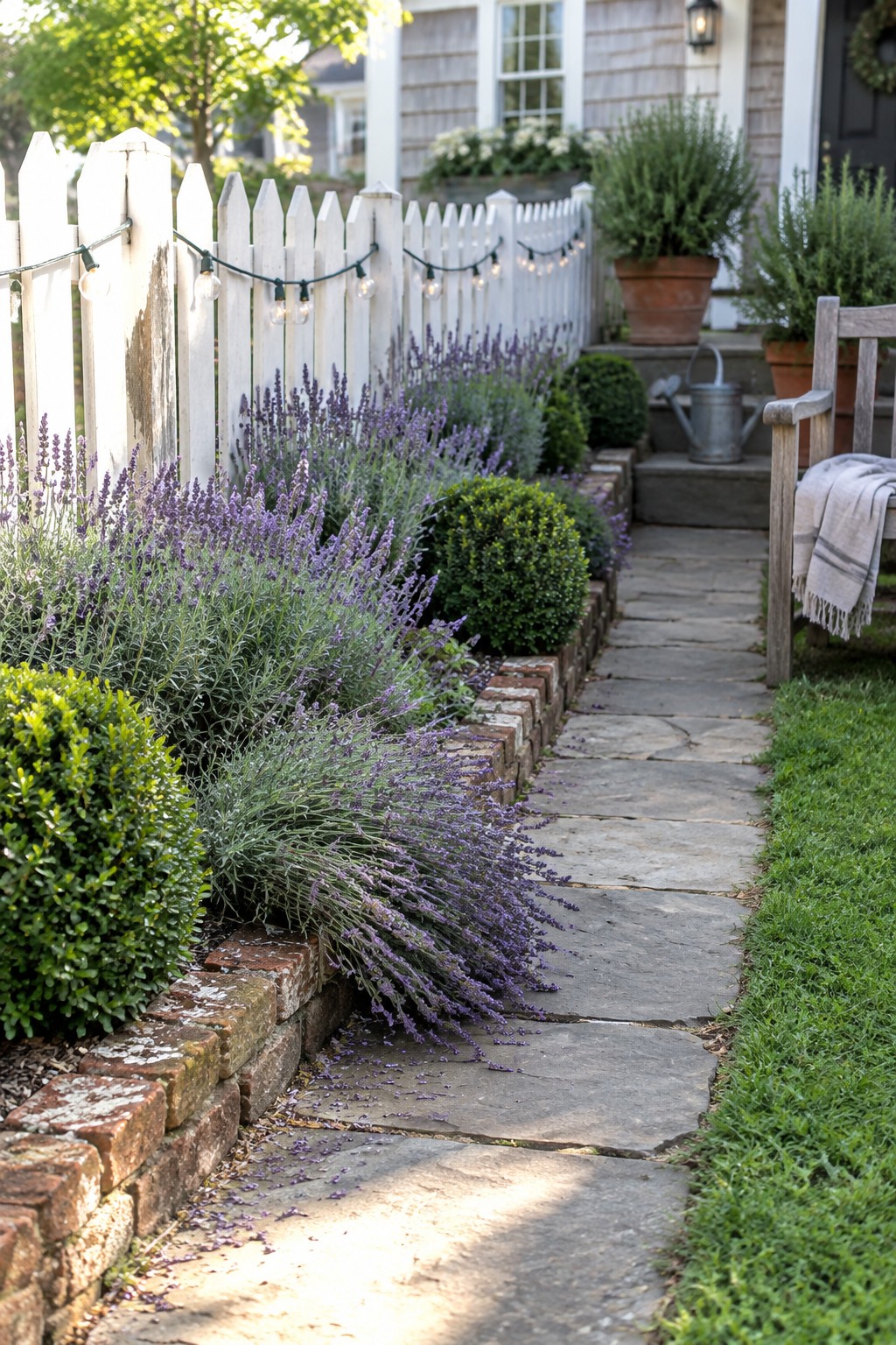 Lavender grows beside a stone path and white picket fence, with string lights hanging along the fence.