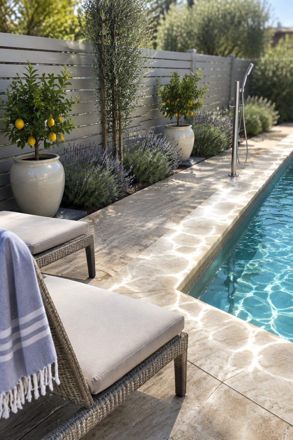 A narrow lavender bed runs along a gray slatted fence beside a swimming pool, with lemon trees in large pots and woven lounge chairs nearby.