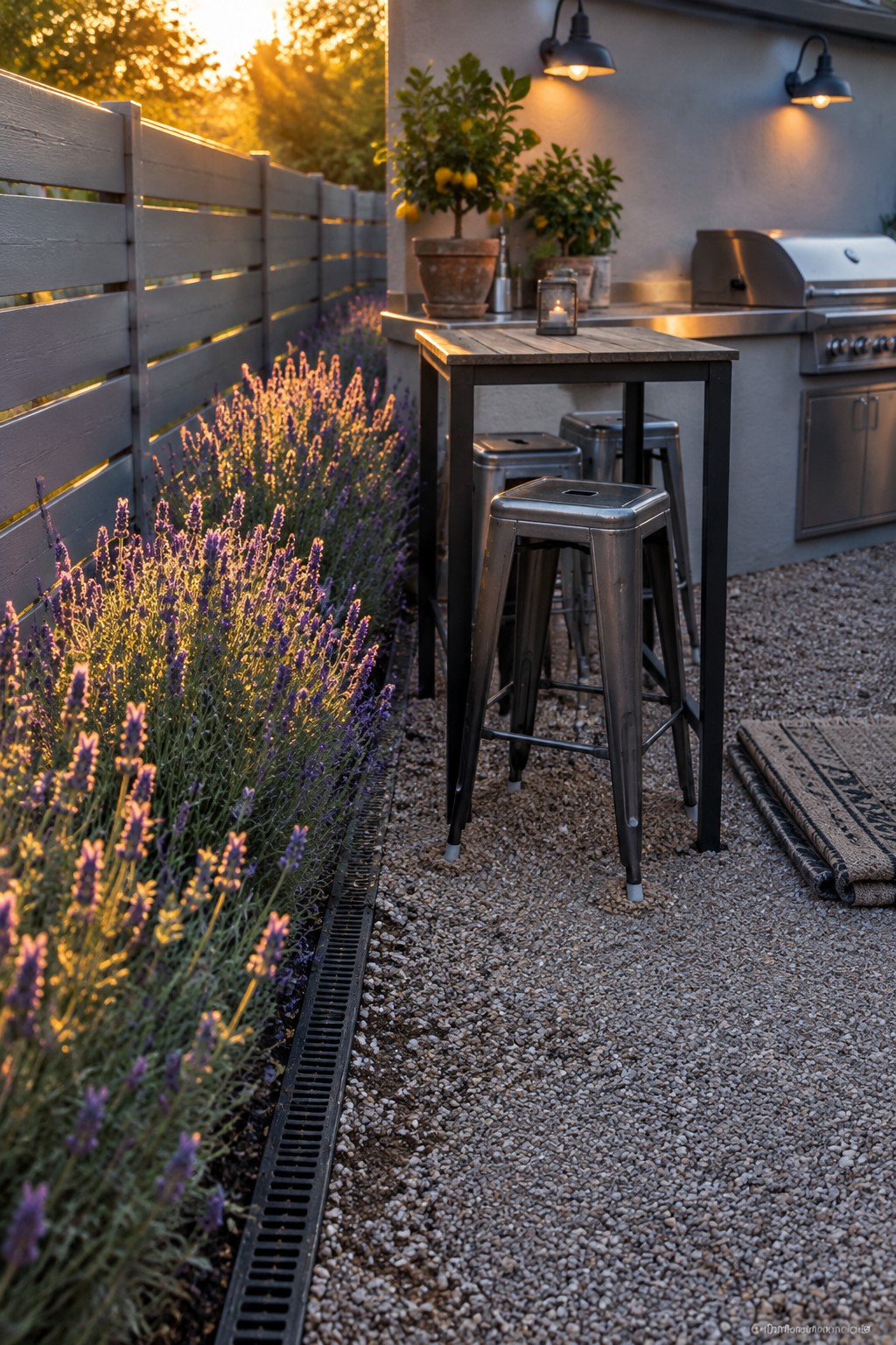 Lavender grows along a gray fence beside a gravel patio with a table, stools, and outdoor grill.