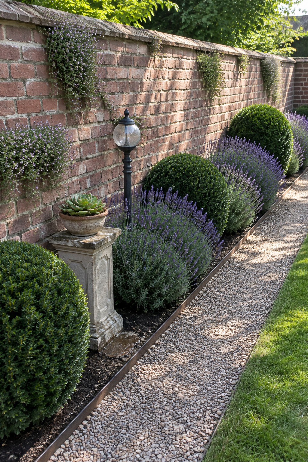 A gravel path runs beside a brick wall and a garden bed planted with lavender and round shrubs.