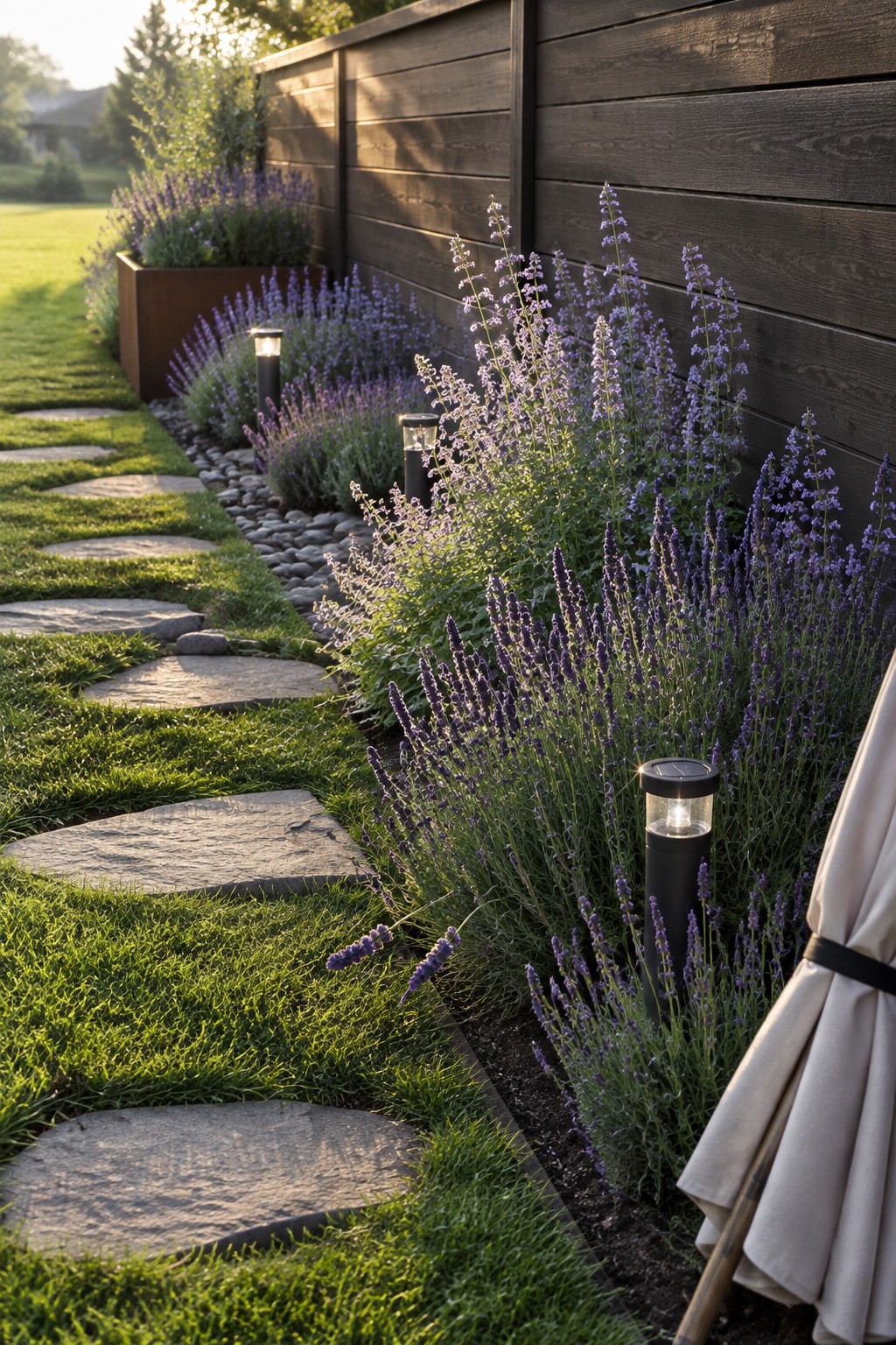 Lavender and other purple flowers grow in a narrow bed along a dark wooden fence beside a stepping-stone path and lawn.