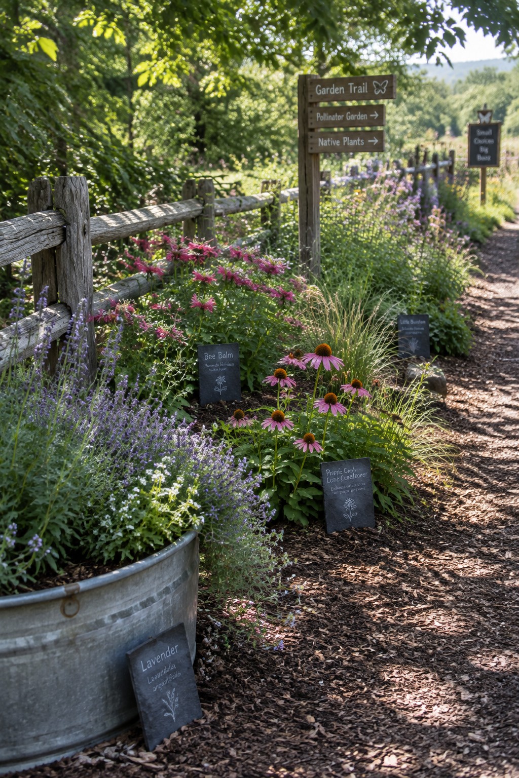 A garden path runs beside a wooden fence and flower beds, with lavender growing in a large metal planter near the foreground.