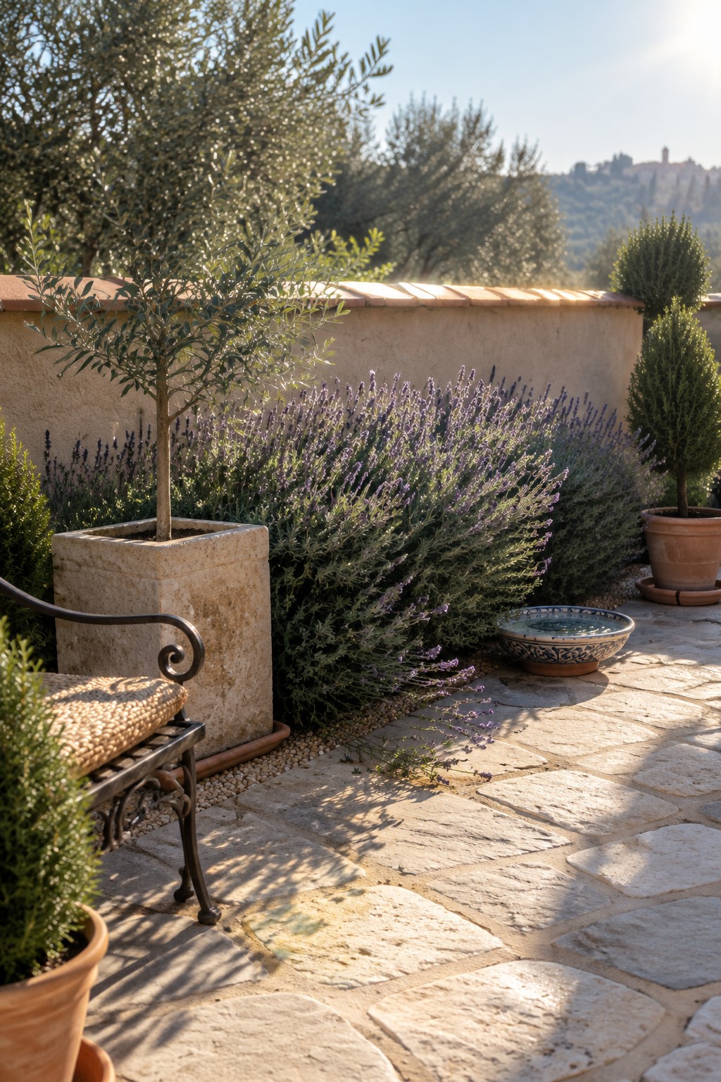 Lavender grows along a stucco garden wall beside a stone patio and a potted olive tree.