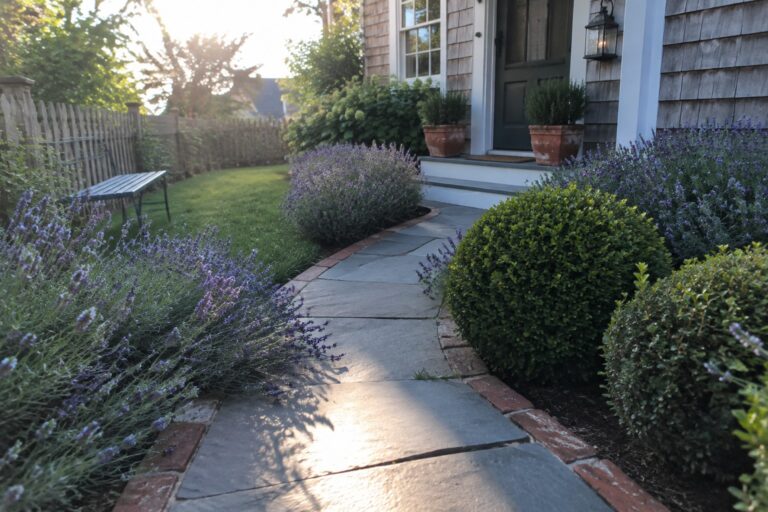 A curved stone path runs through lavender beds edged with brick in a small front garden.