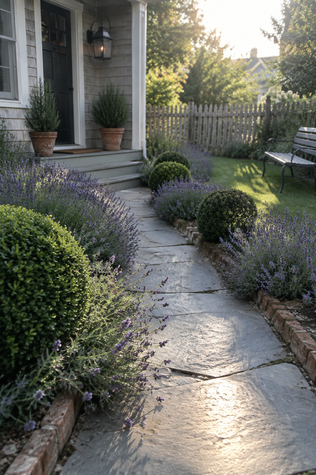 A curved stone path runs through lavender beds edged with brick in a small front garden.